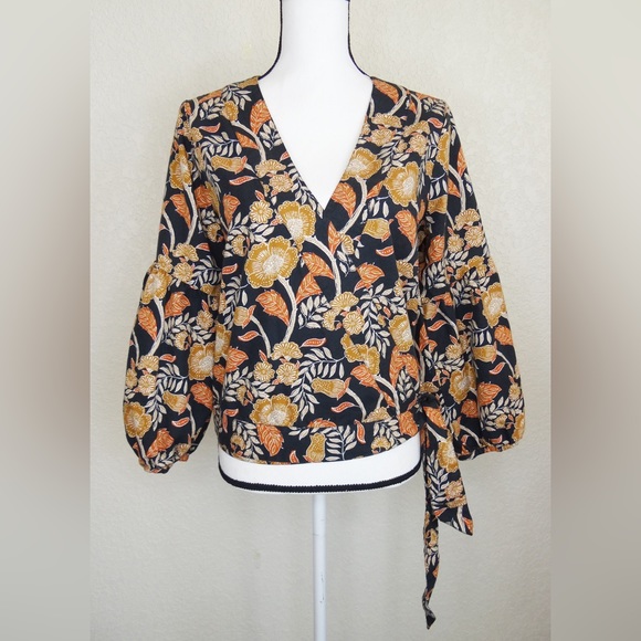 Faherty Seraphina Wrap Blouse Black Avignon Floral Size L - Picture 3 of 8